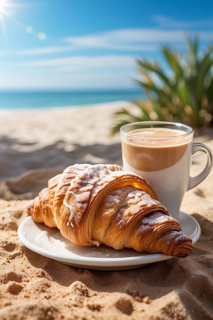 Croisstant with Coffee on Sunny Beach Background